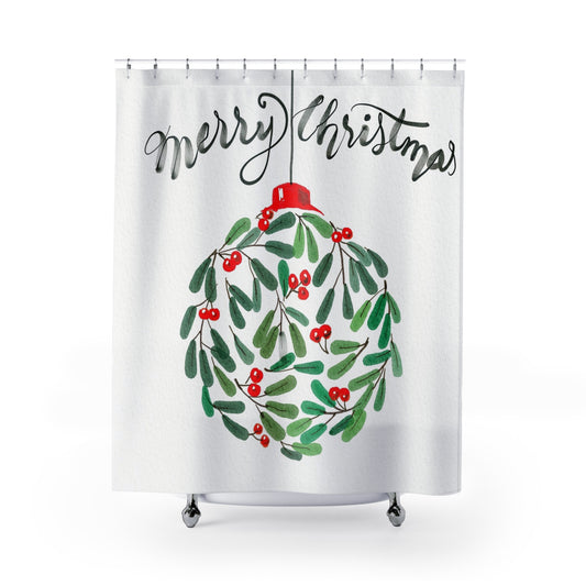 Merry Christmas Shower Curtain, Holiday Bathroom Decor, Festive Gift, Seasonal Decoration, Wreath Design