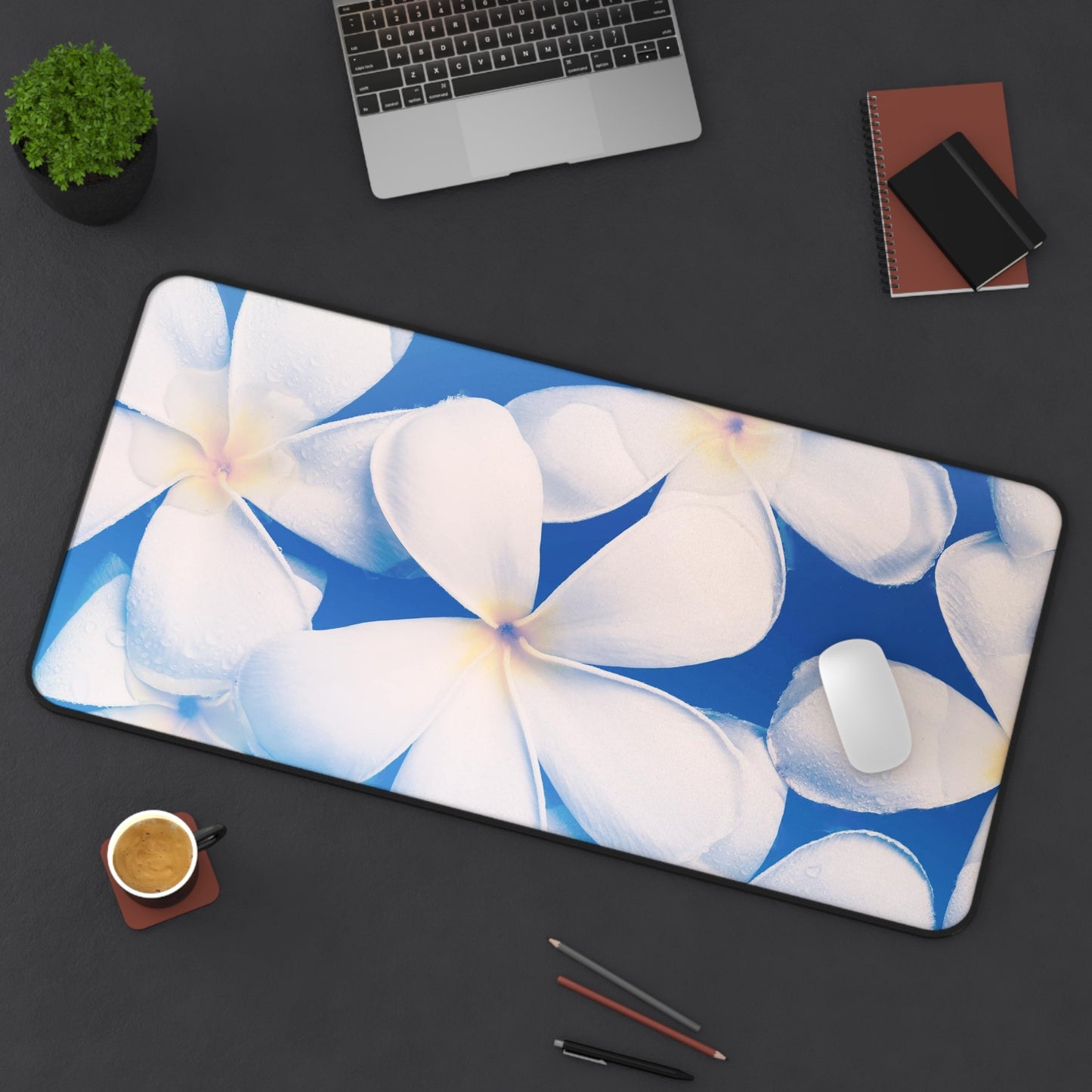 Plumeria Floral Desk Mat — Tropical White Flower Mouse Pad