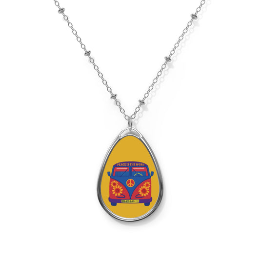 Bohemian Oval Necklace with Vintage Van Design - Peace and Love Jewelry for Hippie Vibes, Gift for Her, Festival Accessory, Boho Chic