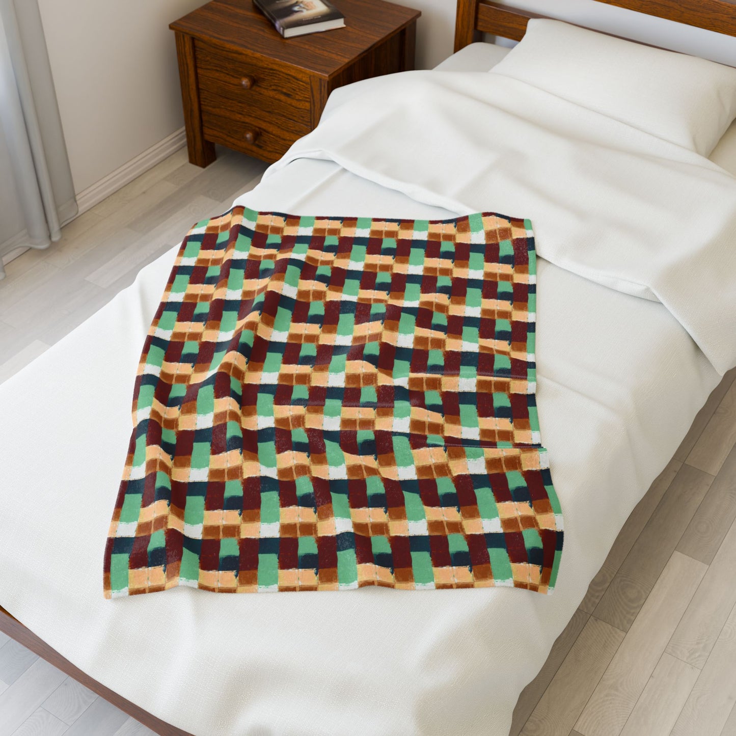 Geometric Retro Plaid Velveteen Plush Blanket — Cozy Mid-Century Throw