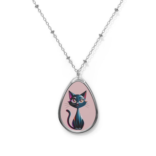 Cute Cat Oval Necklace, Handmade Cat Jewelry, Pet Lover Gift, Unique Cat Lover Pendant, Animal Theme Necklace