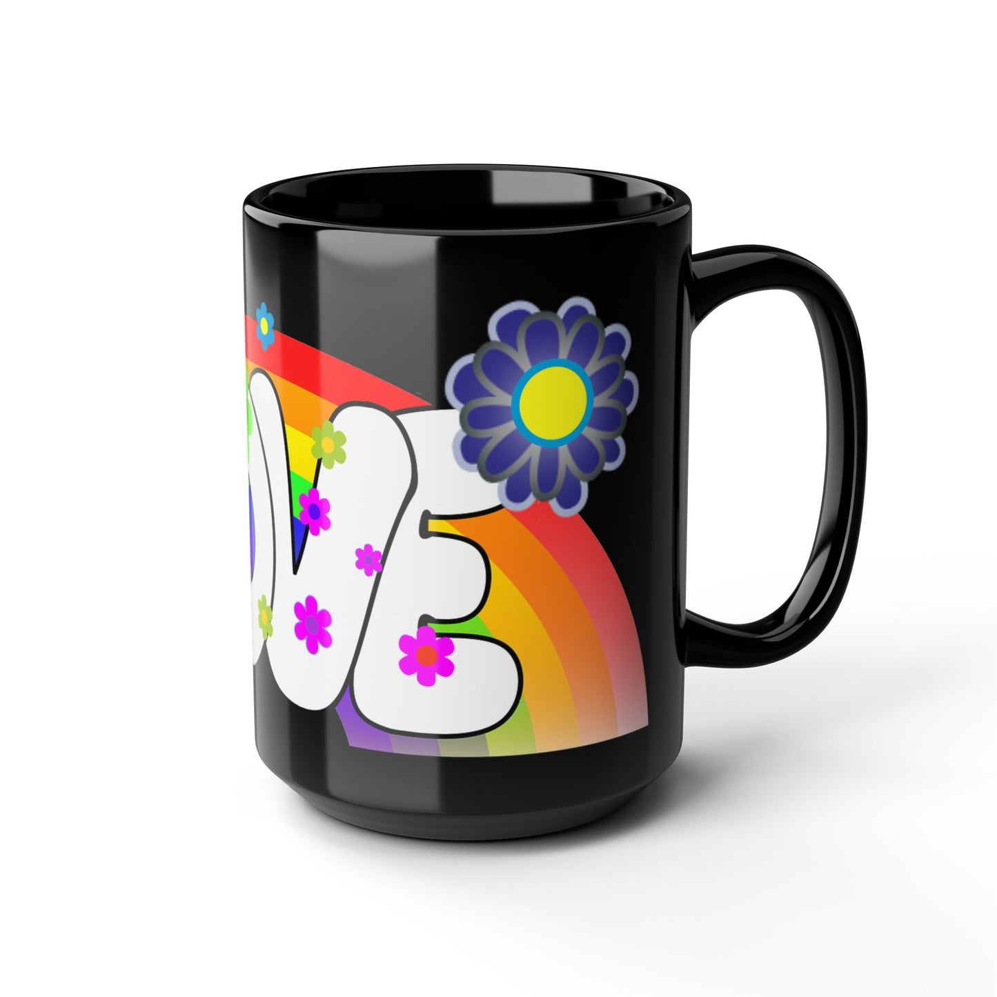 Love Rainbow 70s Flower Power Black 15oz Mug