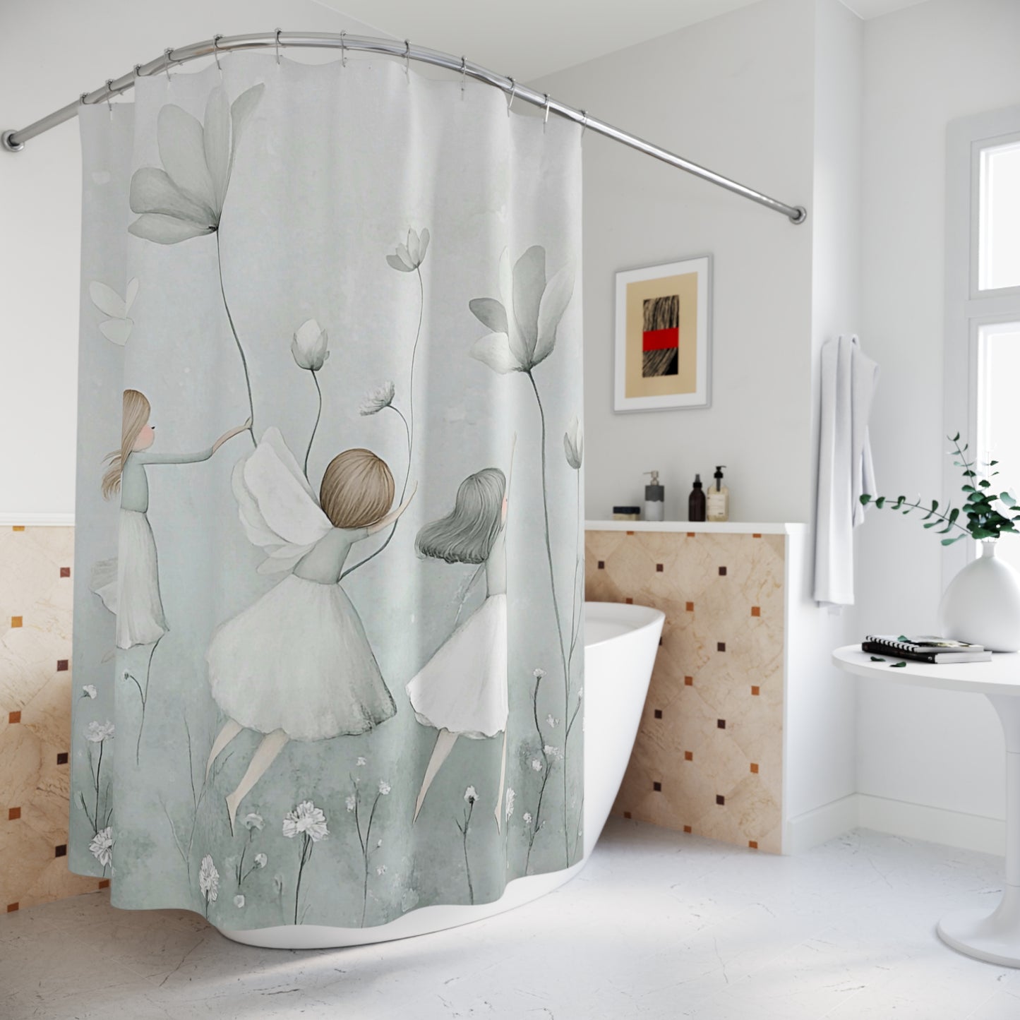 Ethereal Flower Dance Shower Curtain — Whimsical Girls in Pastel Floral Bathroom Decor