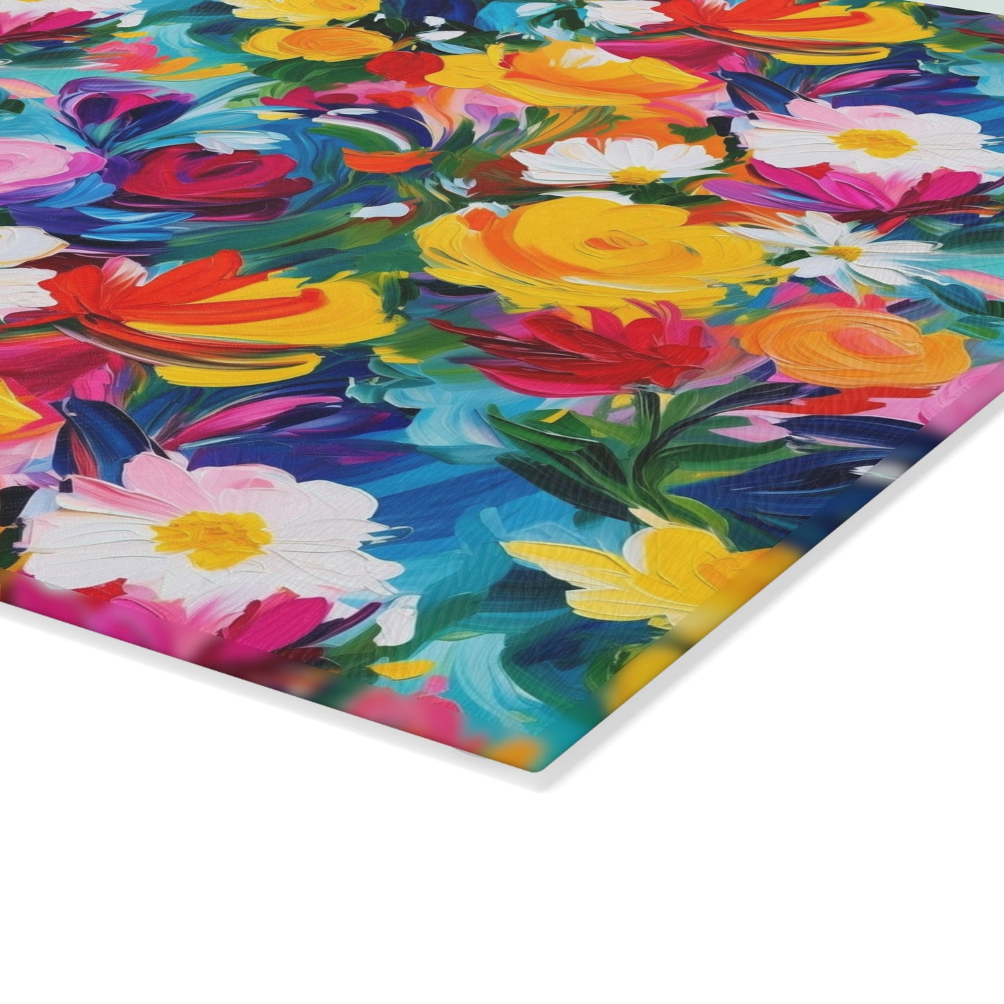 Floral Glass Cutting Board — Bright Watercolor Garden Kitchen Board