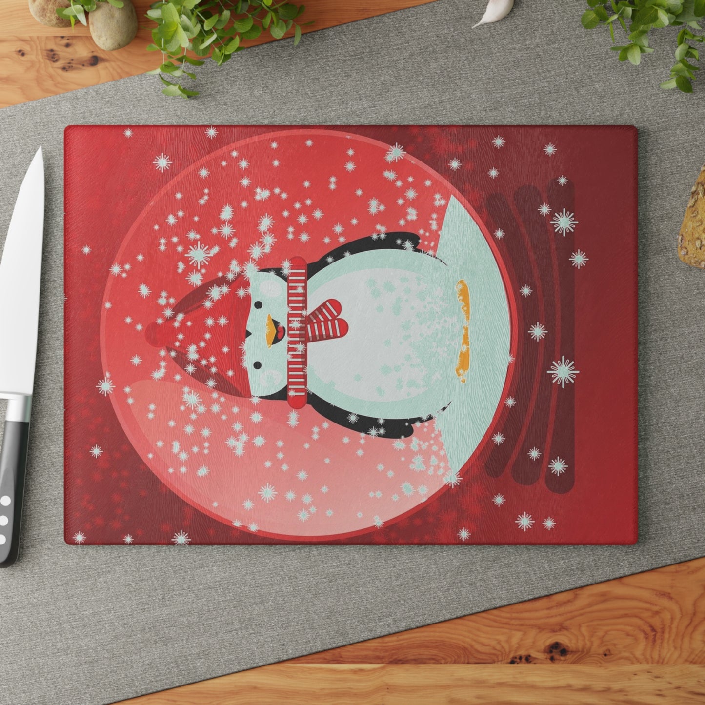 Holiday Penguin Glass Cutting Board – Festive Snow Globe Kitchen Decor
