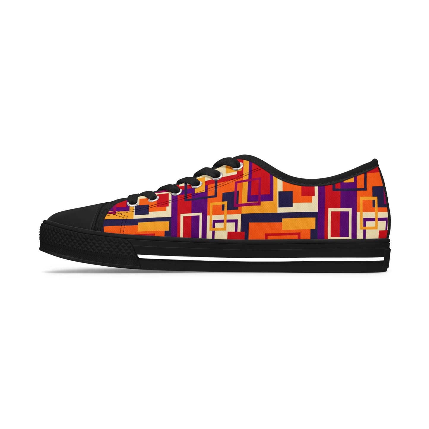 Retro Geometric Women's Low Top Sneakers — Bold Orange & Purple Patchwork Canvas