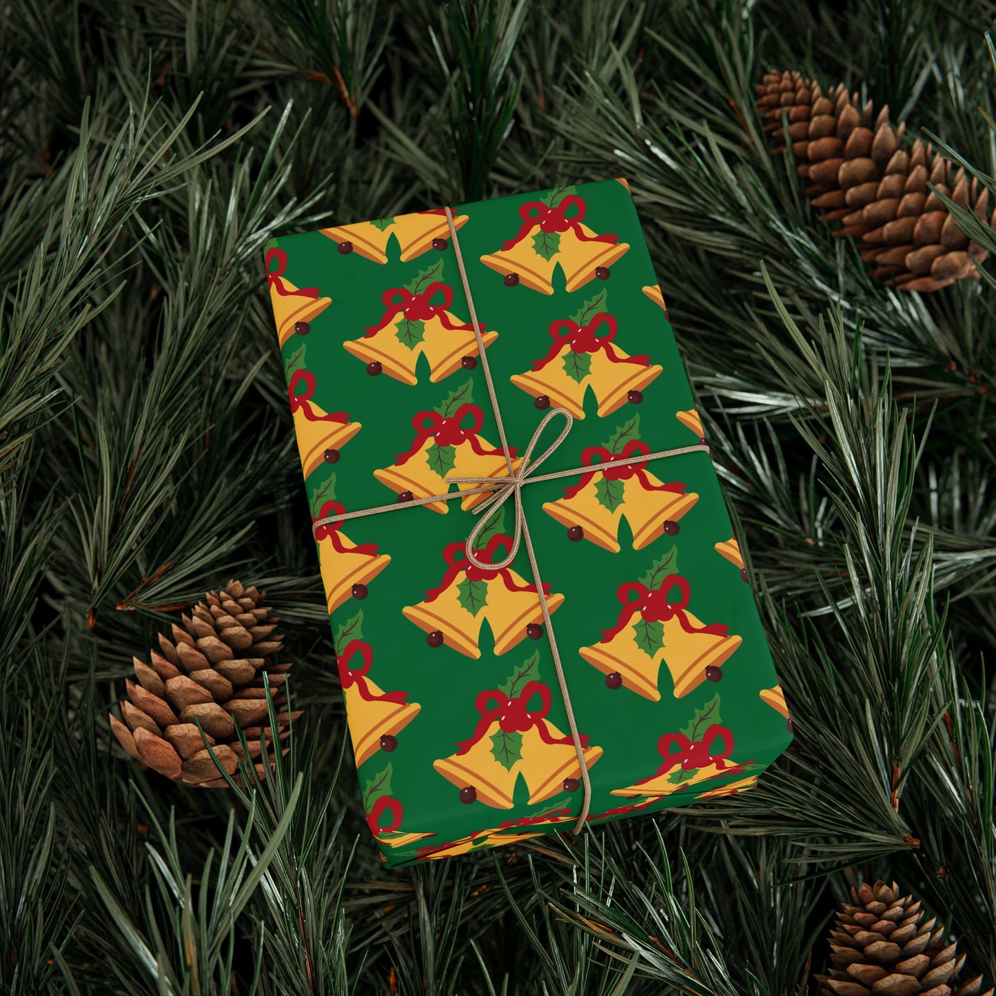 Christmas Bells Wrapping Paper Roll — Green Holly Holiday Gift Wrap