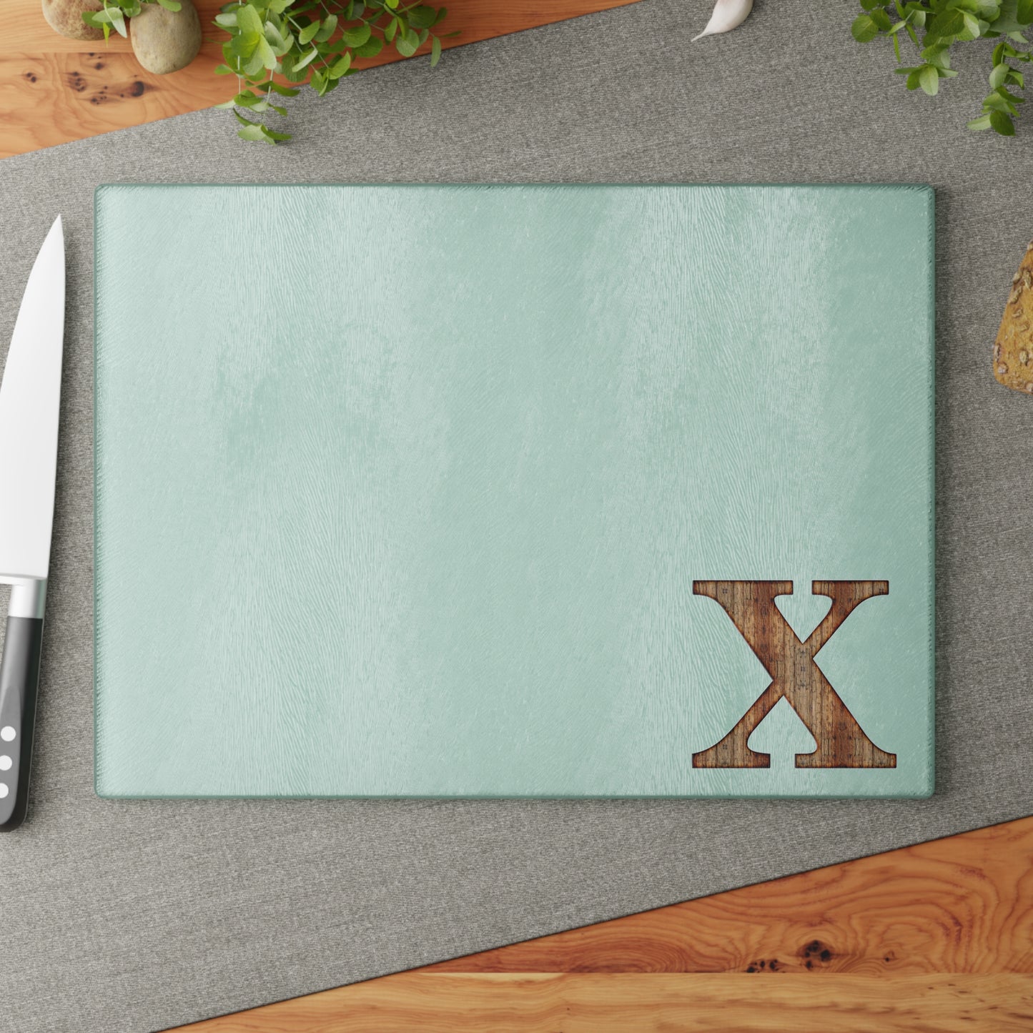 Monogram Glass Cutting Board — Minimal Mint or Clear Glass with Wood 'X' Accent