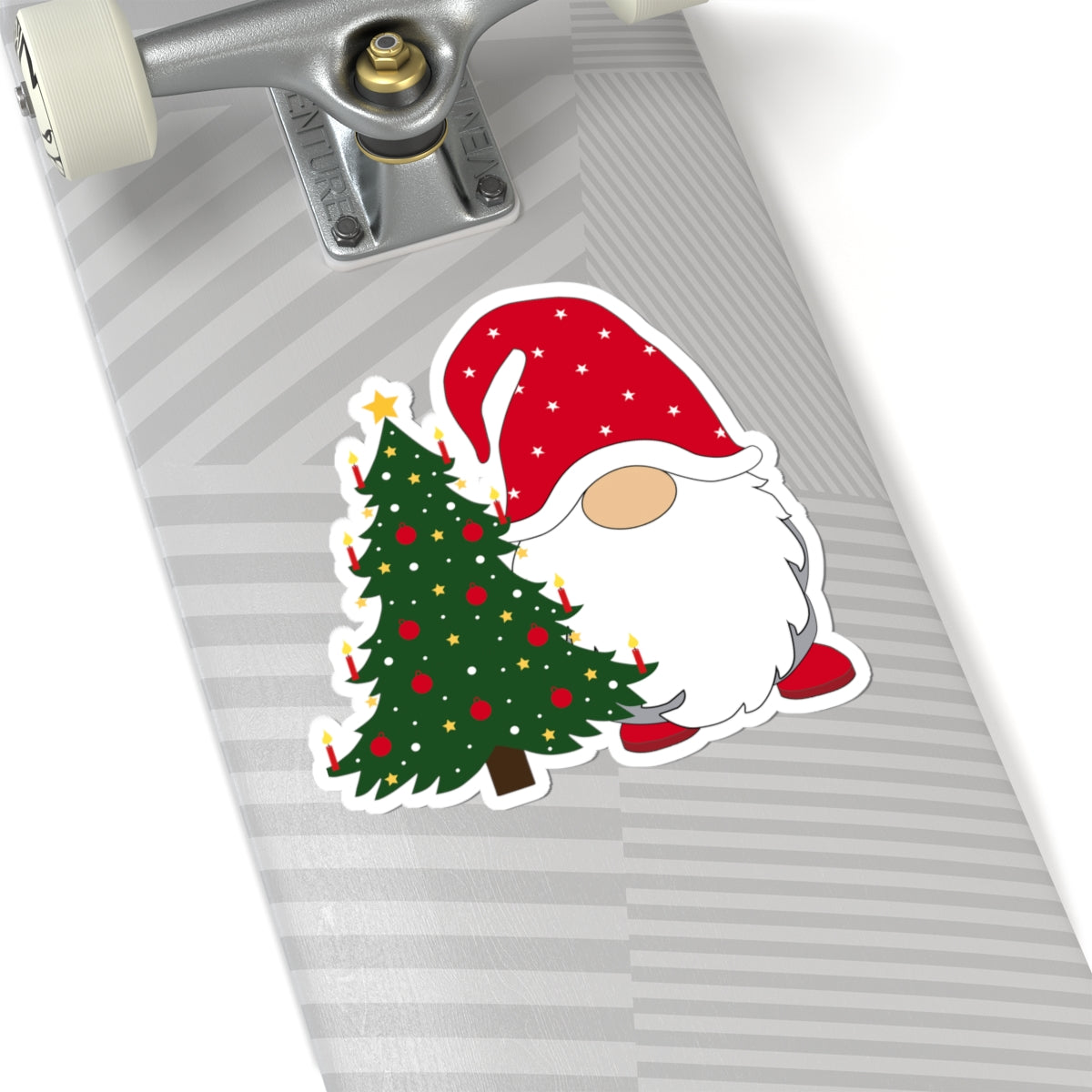 Christmas Gnome Kiss-Cut Sticker – Santa Hat & Decorated Tree Holiday Decal