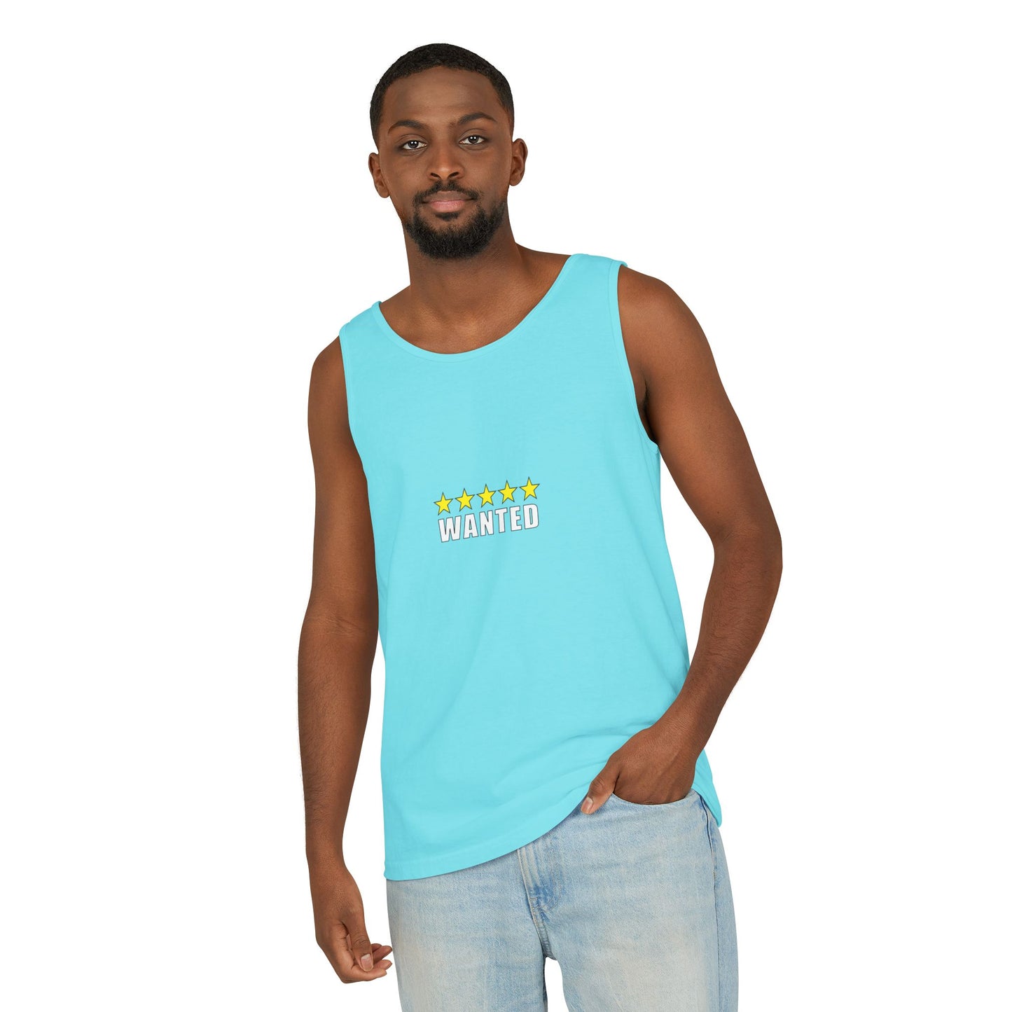 5-Star "WANTED" Garment-Dyed Tank Top, Unisex Summer Shirt, Gift for Him/Her, Trendy Casual Wear, Pool Party Outfit, Unique Graphic Tee