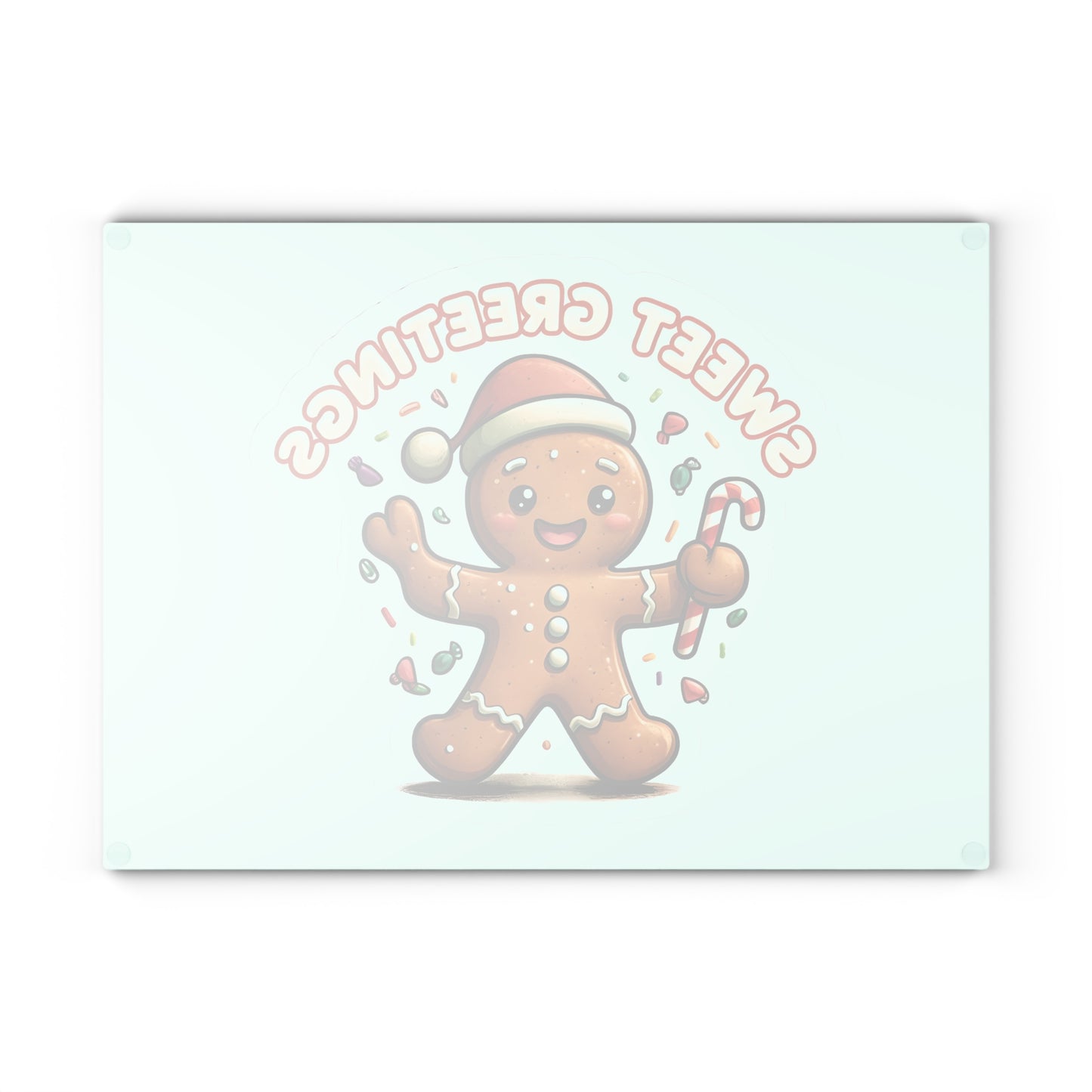 Gingerbread "Sweet Greetings" Glass Cutting Board — Festive Holiday Kitchen Decor