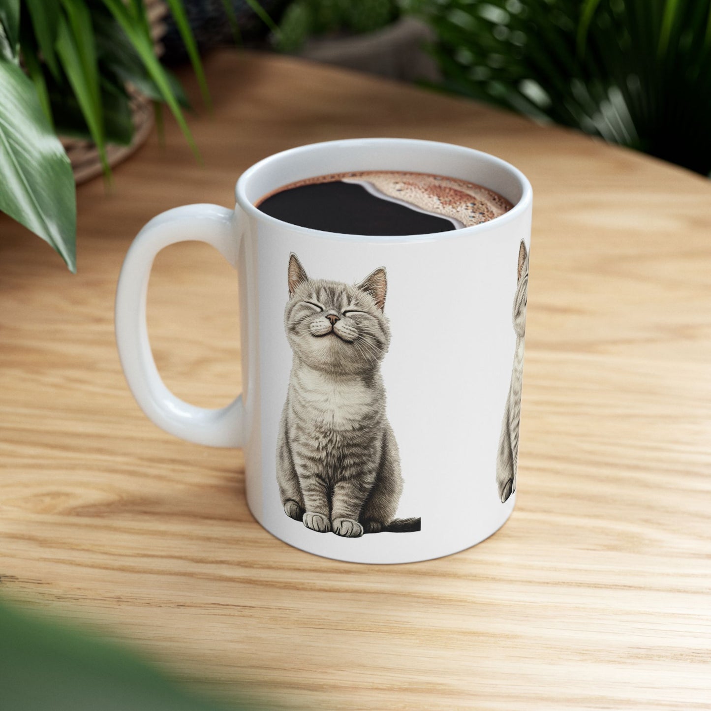Smiling Grey Tabby Cat Ceramic Mug — Cute Cat Lover Coffee Cup (11oz & 15oz)