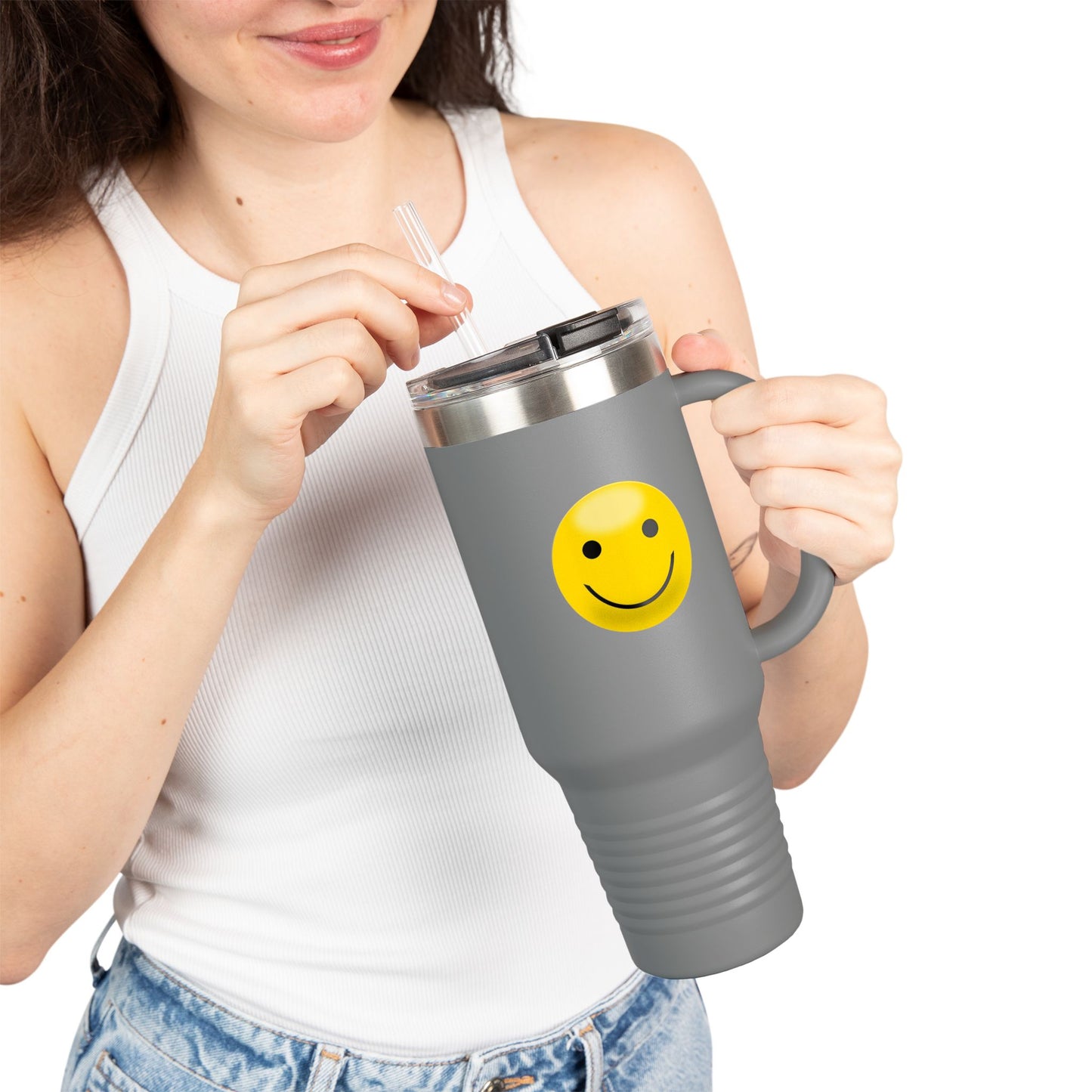 Smiley Face Insulated Travel Mug | 40oz Large Cup for Hot/Cold Beverages | Perfect for Travel & Gifting