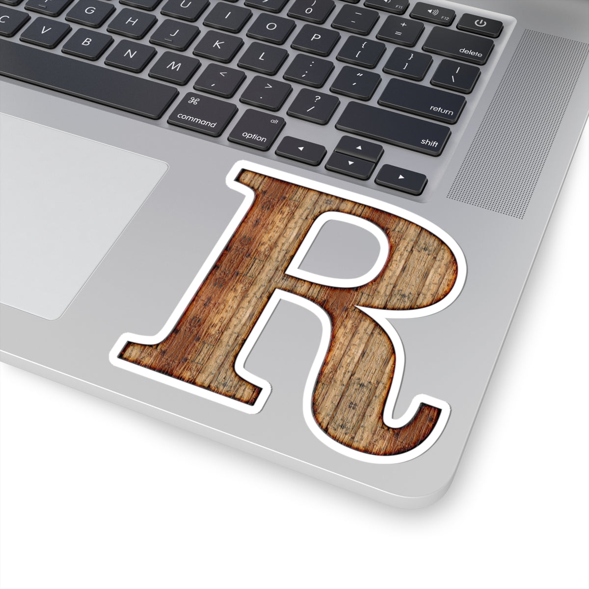 Woodgrain Letter R Kiss-Cut Sticker — Rustic Monogram Laptop Decal