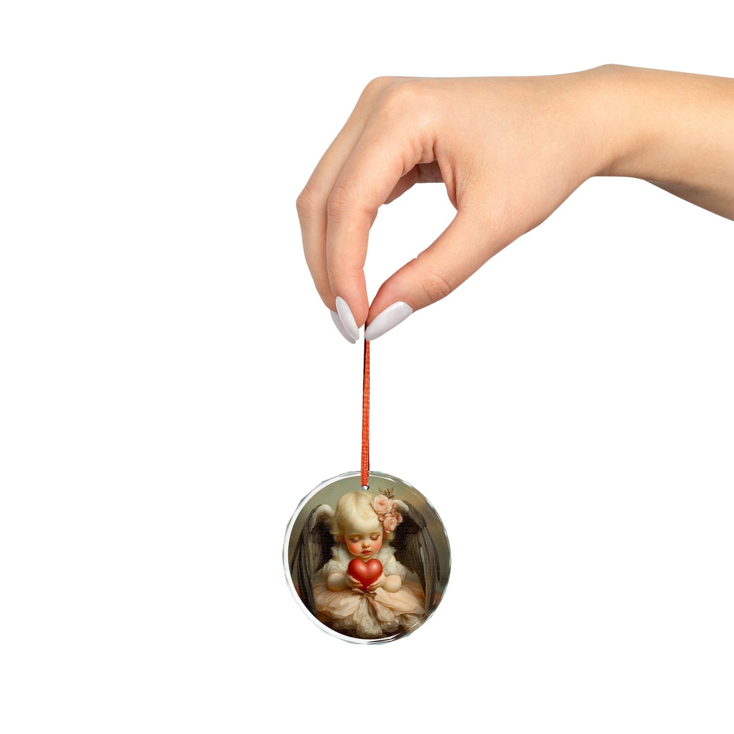 Heart-Shaped Crystal Ornament, Cherubic Decor, Valentine's Gift, Home Decoration, Christmas Tree Ornament, Romantic Keepsake