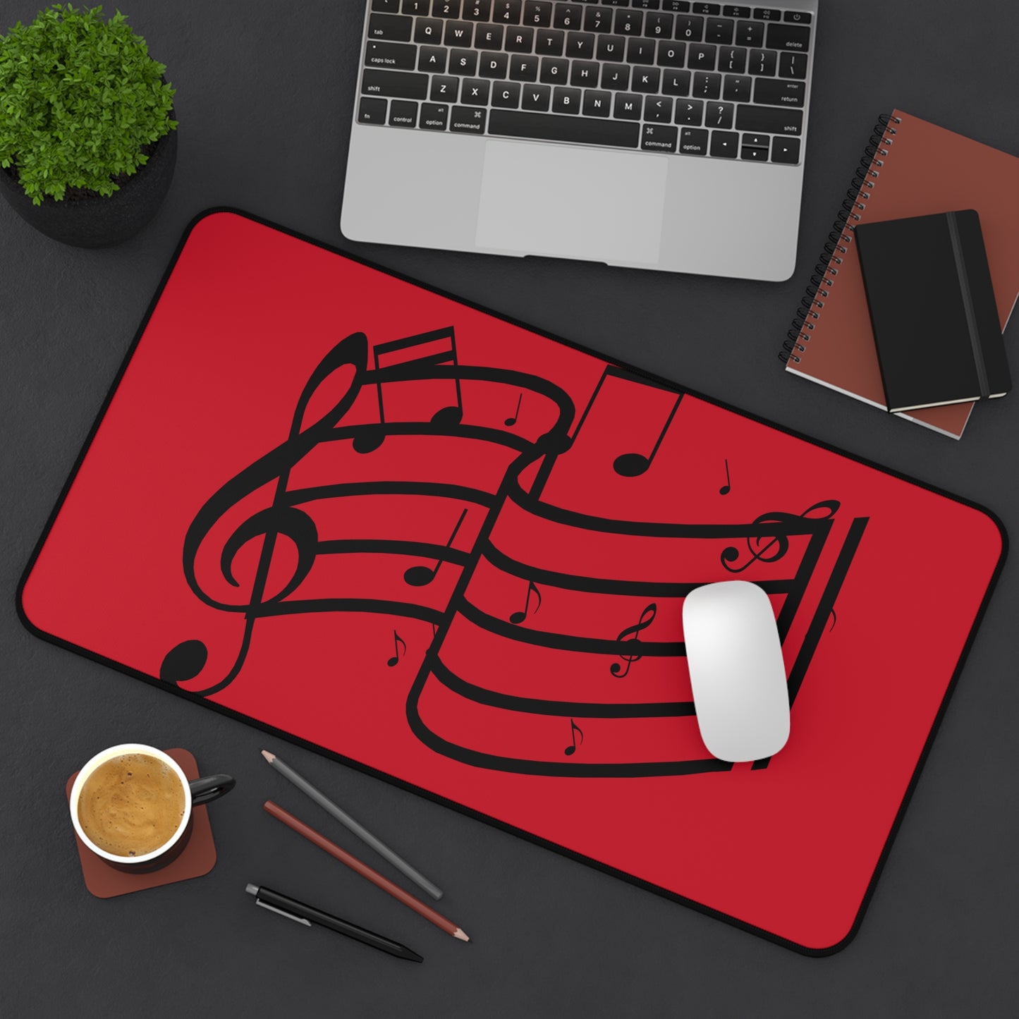 Music Notes Red Desk Mat – Musical Staff Mouse Pad for Musicians & Home Office