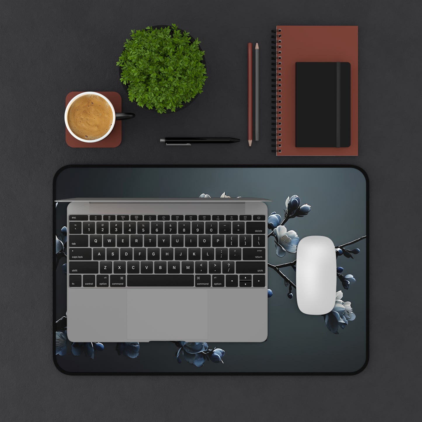 Floral Branch Desk Mat — Dark Blue Cherry Blossom Mouse Pad