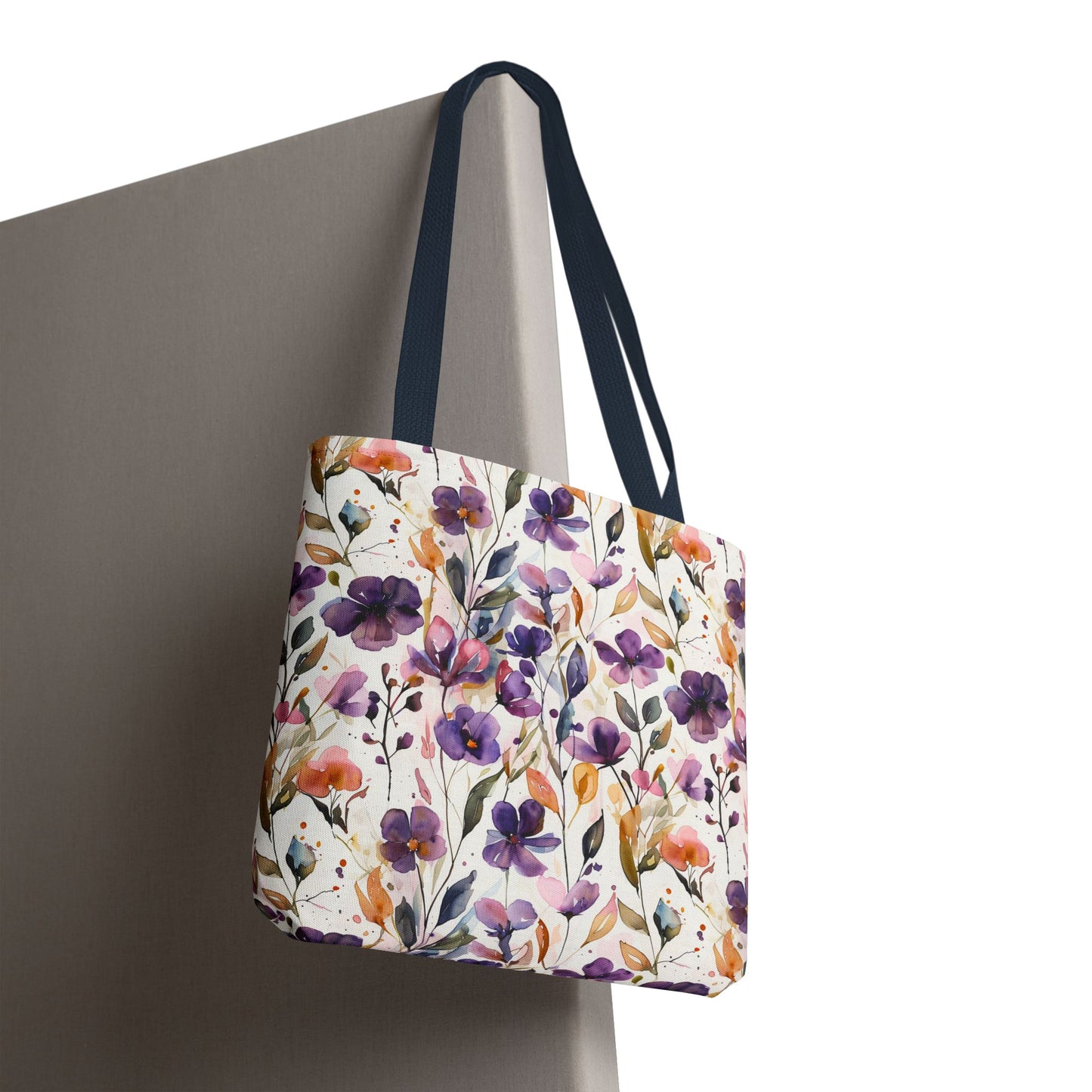 Floral Watercolor Tote Bag — Purple & Orange Botanical All-Over Print