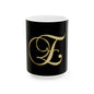 Monogram 'E' Gold Script Ceramic Mug — Elegant Initial Coffee Cup (11oz, 15oz)
