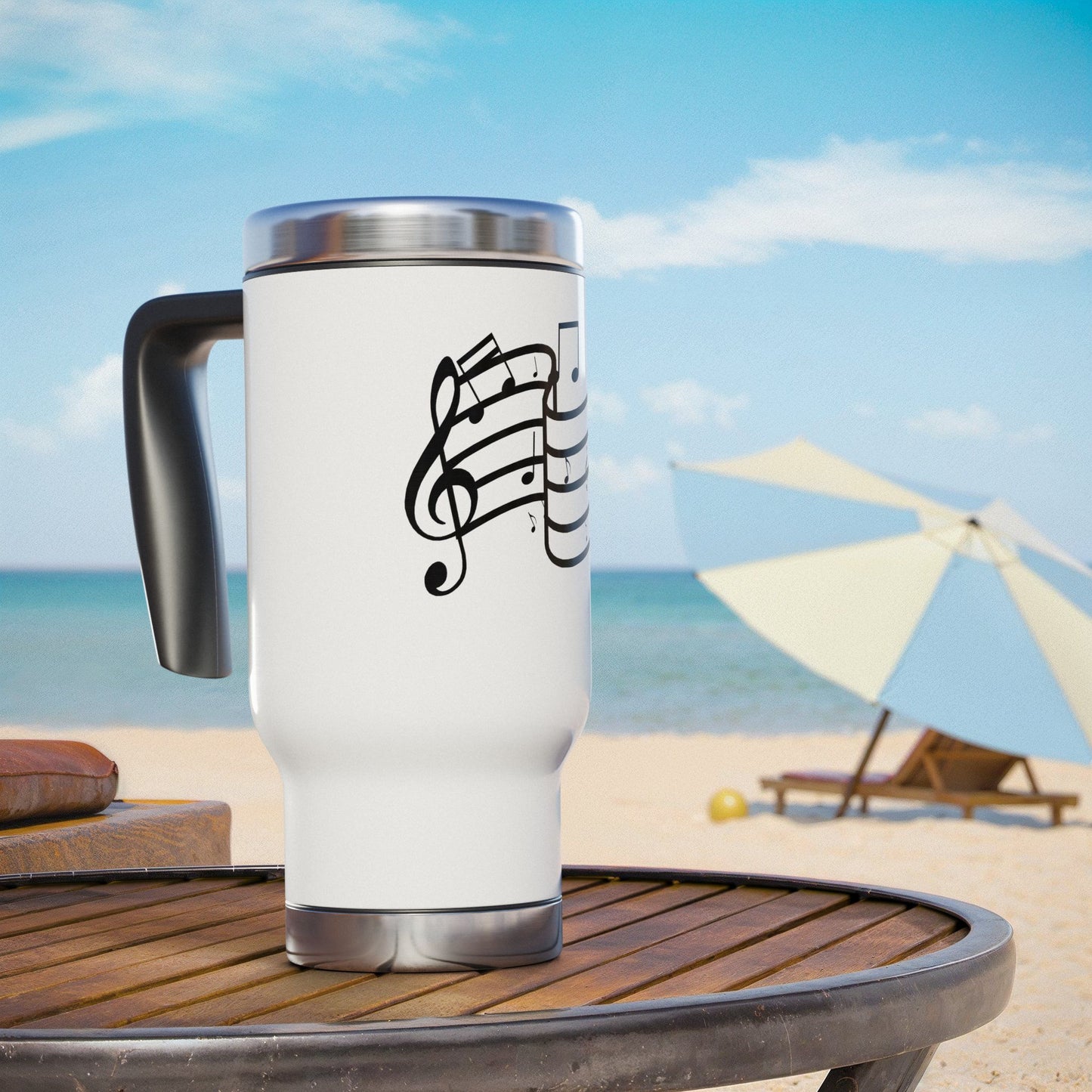 Music Notes 14oz Stainless Steel Travel Mug with Handle – Musical Staff Design