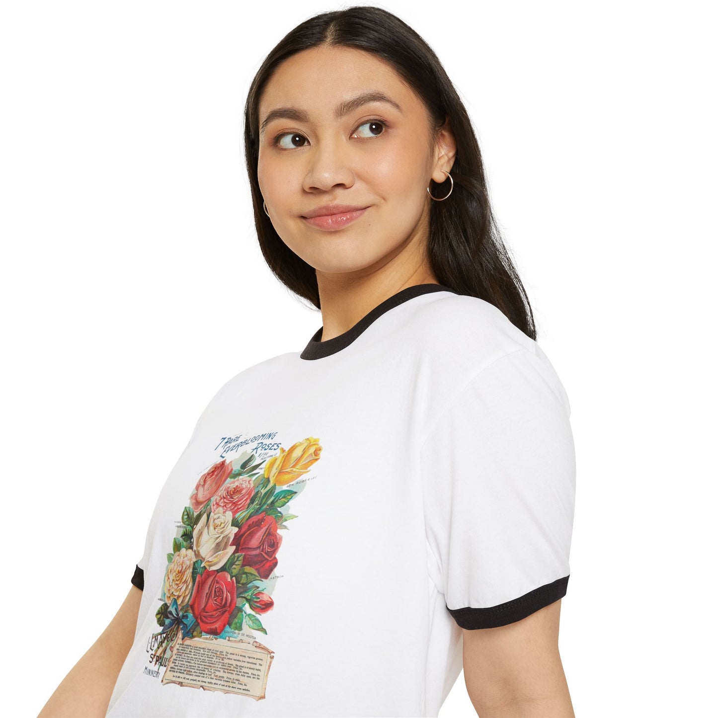 Ringer T-Shirt - Vintage Botanical Rose Bouquet (Includes Floral Text)