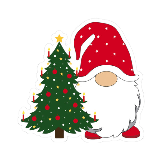 Christmas Gnome Kiss-Cut Sticker – Santa Hat & Decorated Tree Holiday Decal