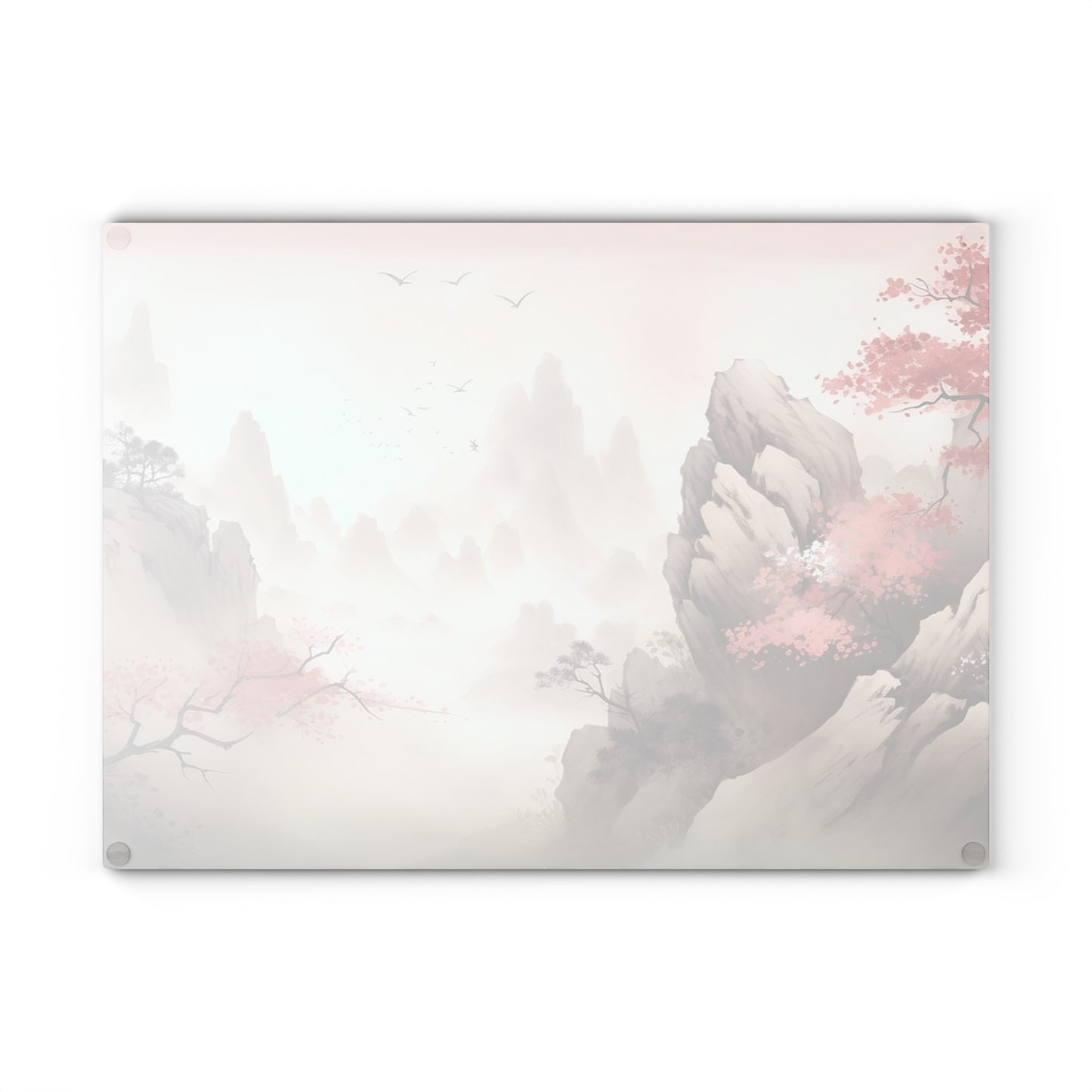 Glass Cutting Board — Pastel Japanese Landscape with Cherry Blossoms