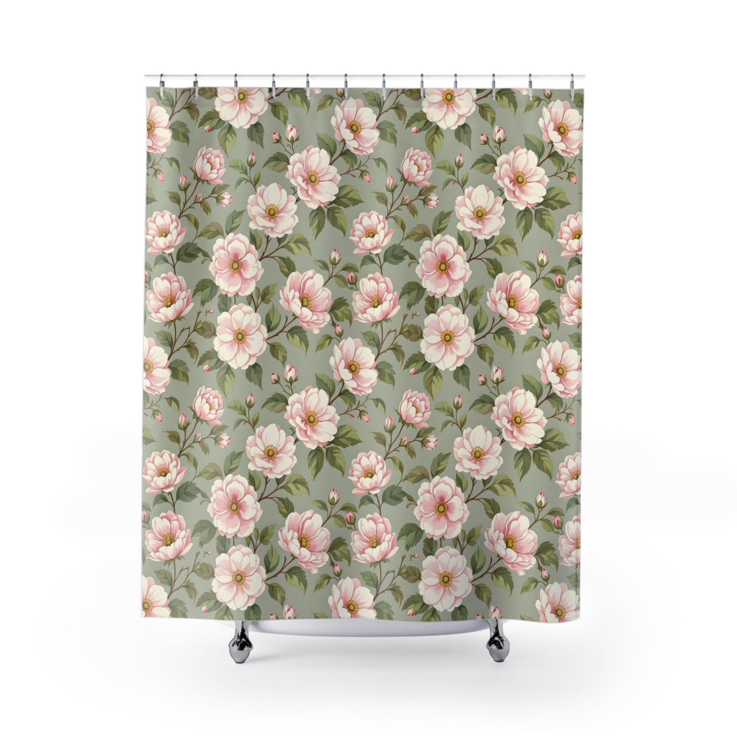 Floral Vintage Shower Curtain — Pink Peony Pattern on Sage Green