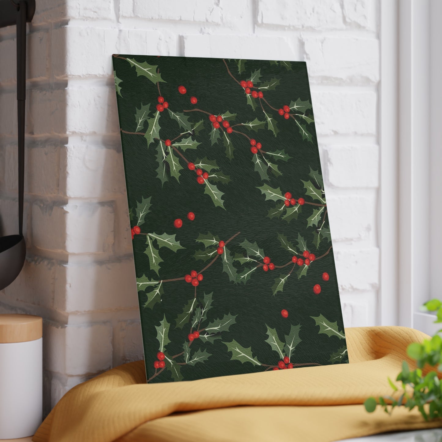 Holly Berry Glass Cutting Board - Festive Christmas Kitchen Decor
