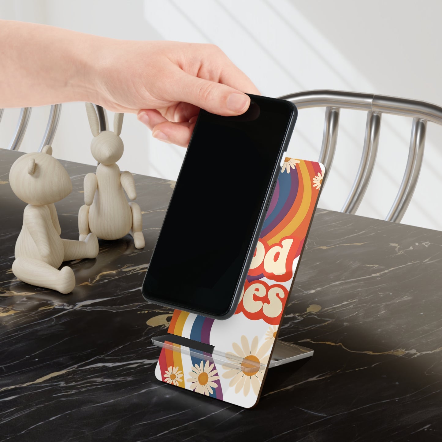 Good Vibes Mobile Display Stand, Phone Holder, Desk Organizer, Cute Gift for Students, Minimalist Home Decor, Rainbow Design