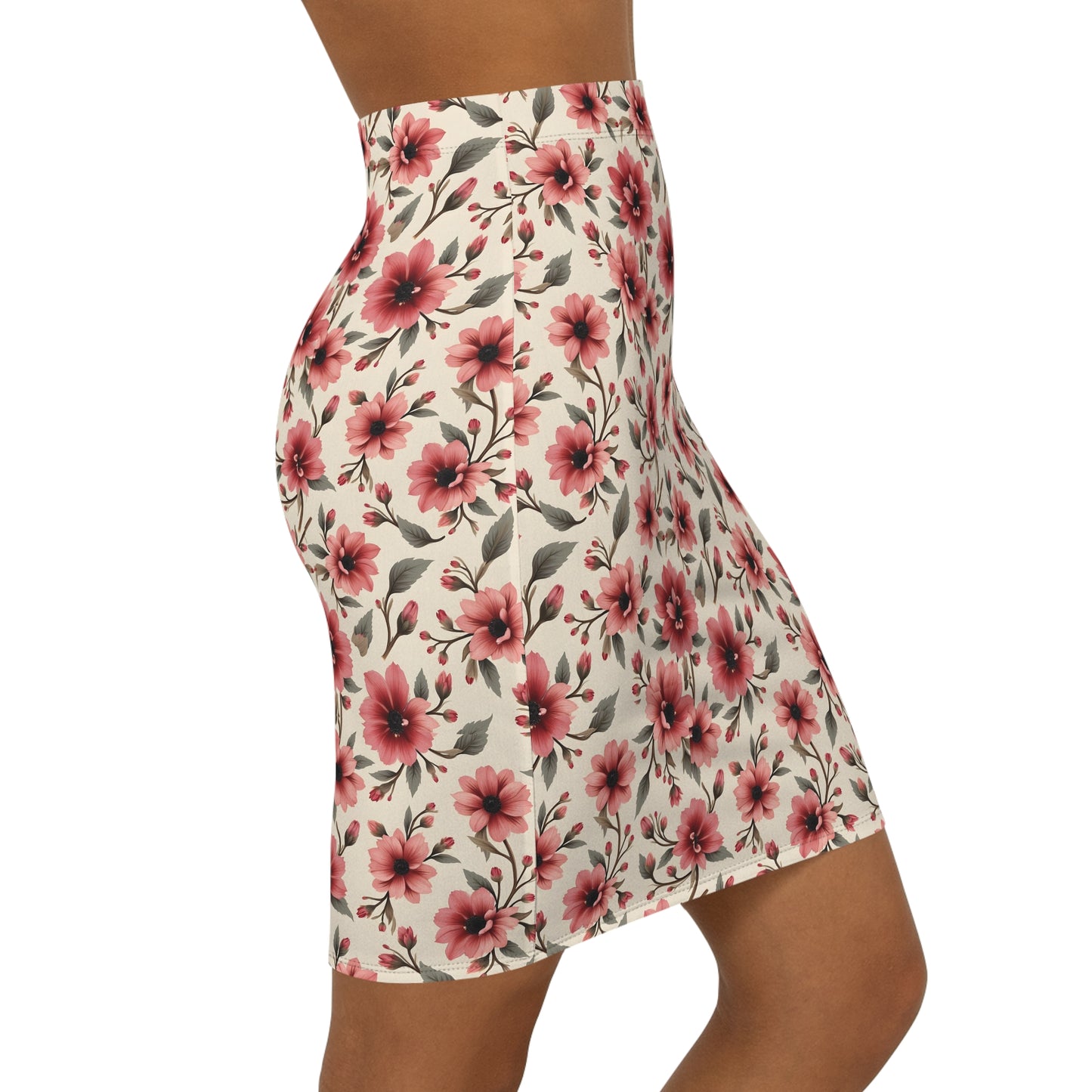 Floral Pink Watercolor Pencil Skirt — Mid‑Waist Summer Floral Print