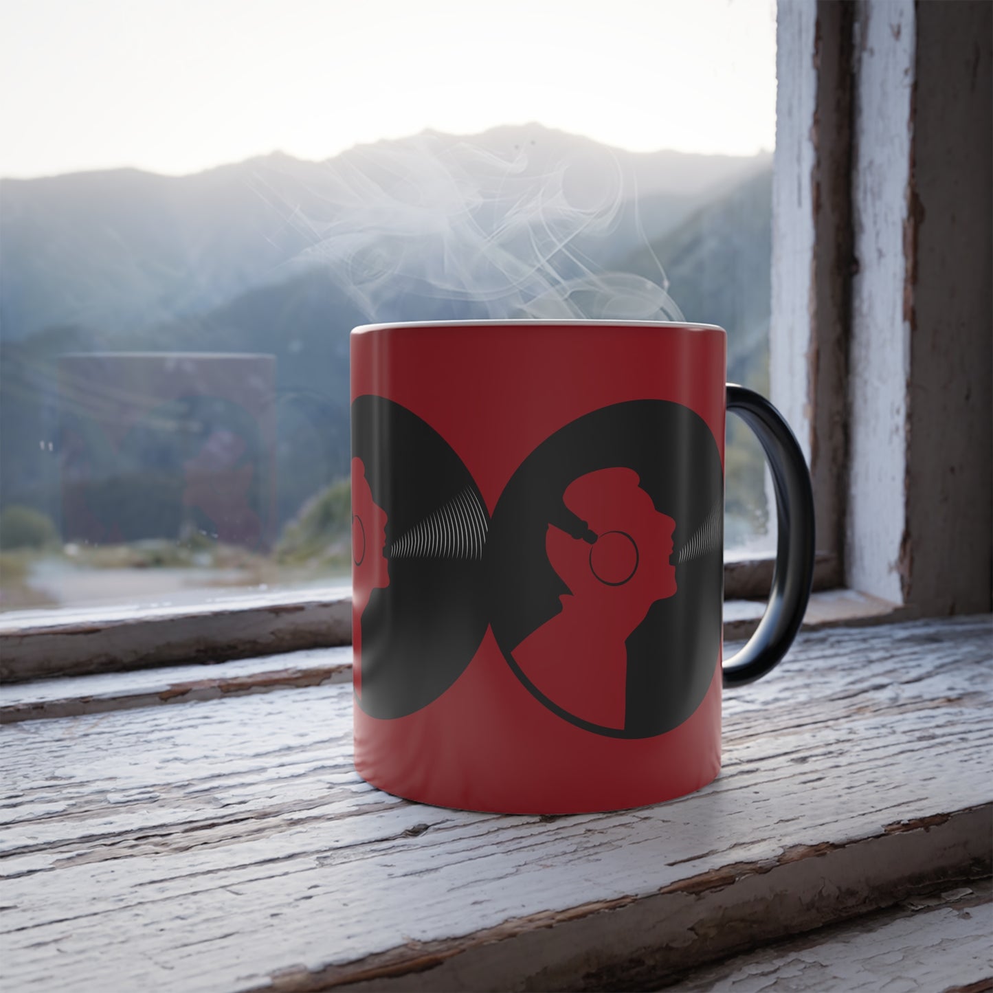 Color Morphing Mug for Music Lovers, Unique Gift for Birthdays, Fun Drinkware, Red & Black Design, Creative Coffee Mug