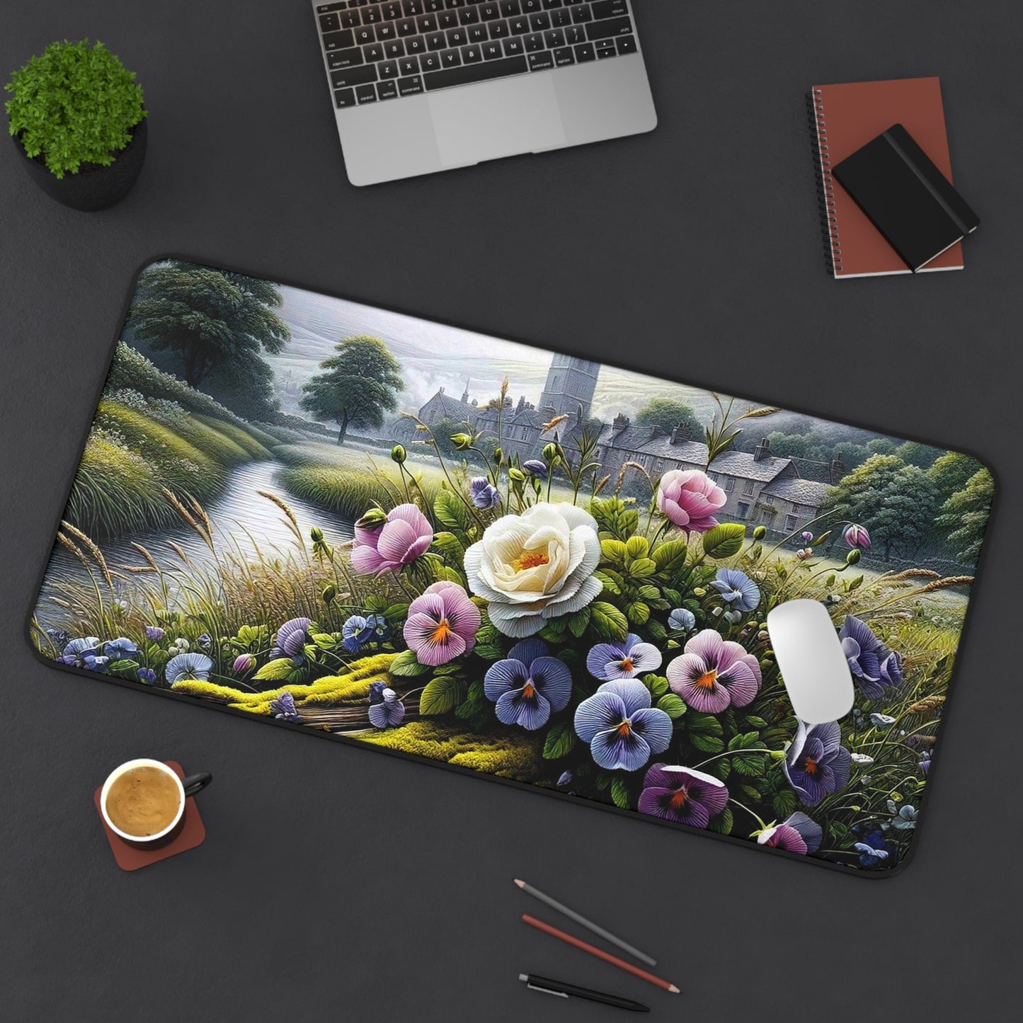 Floral Cottage Desk Mat — Vintage Pansies & Rose Desk Pad