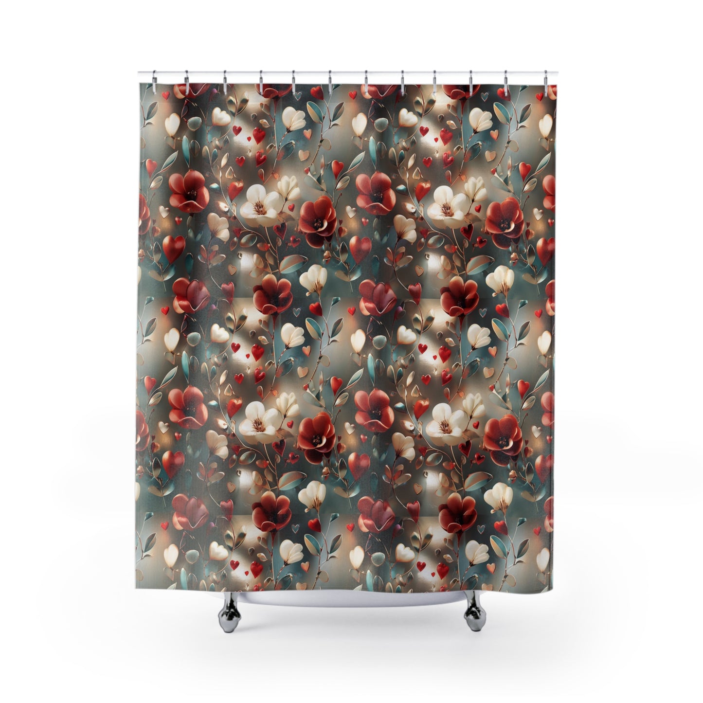 Floral Hearts Shower Curtain — Romantic Red & Cream Blossom Bathroom Decor