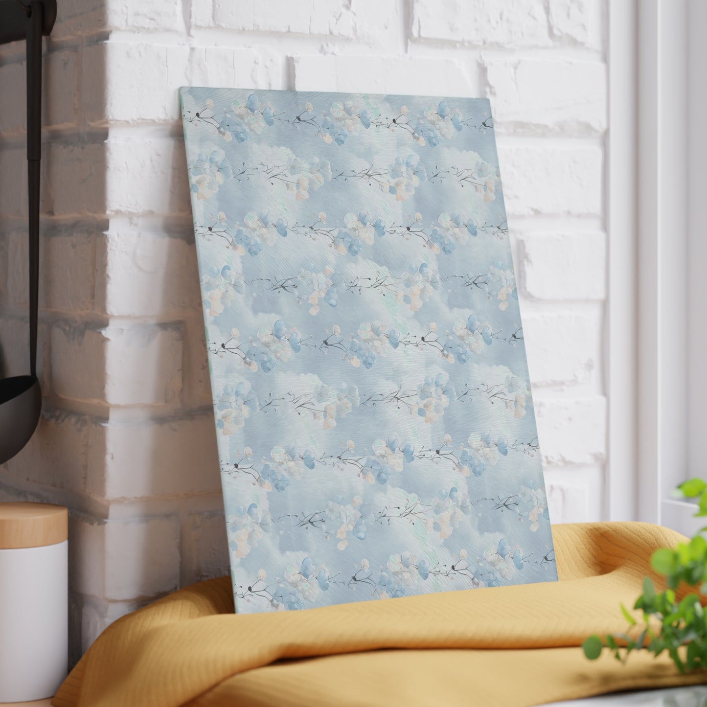 Glass Cutting Board — Soft Blue Watercolor Floral Pattern