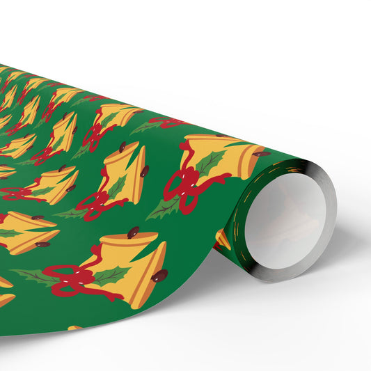Christmas Bells Wrapping Paper Roll — Green Holly Holiday Gift Wrap