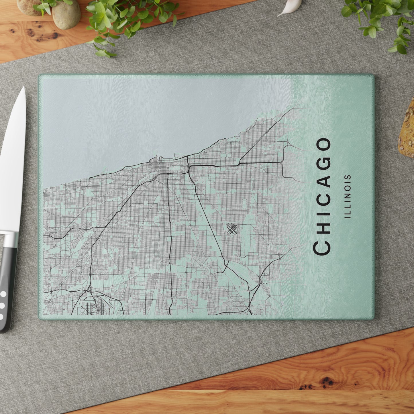 Chicago Map Glass Cutting Board – Modern Mint City Map Kitchen Board
