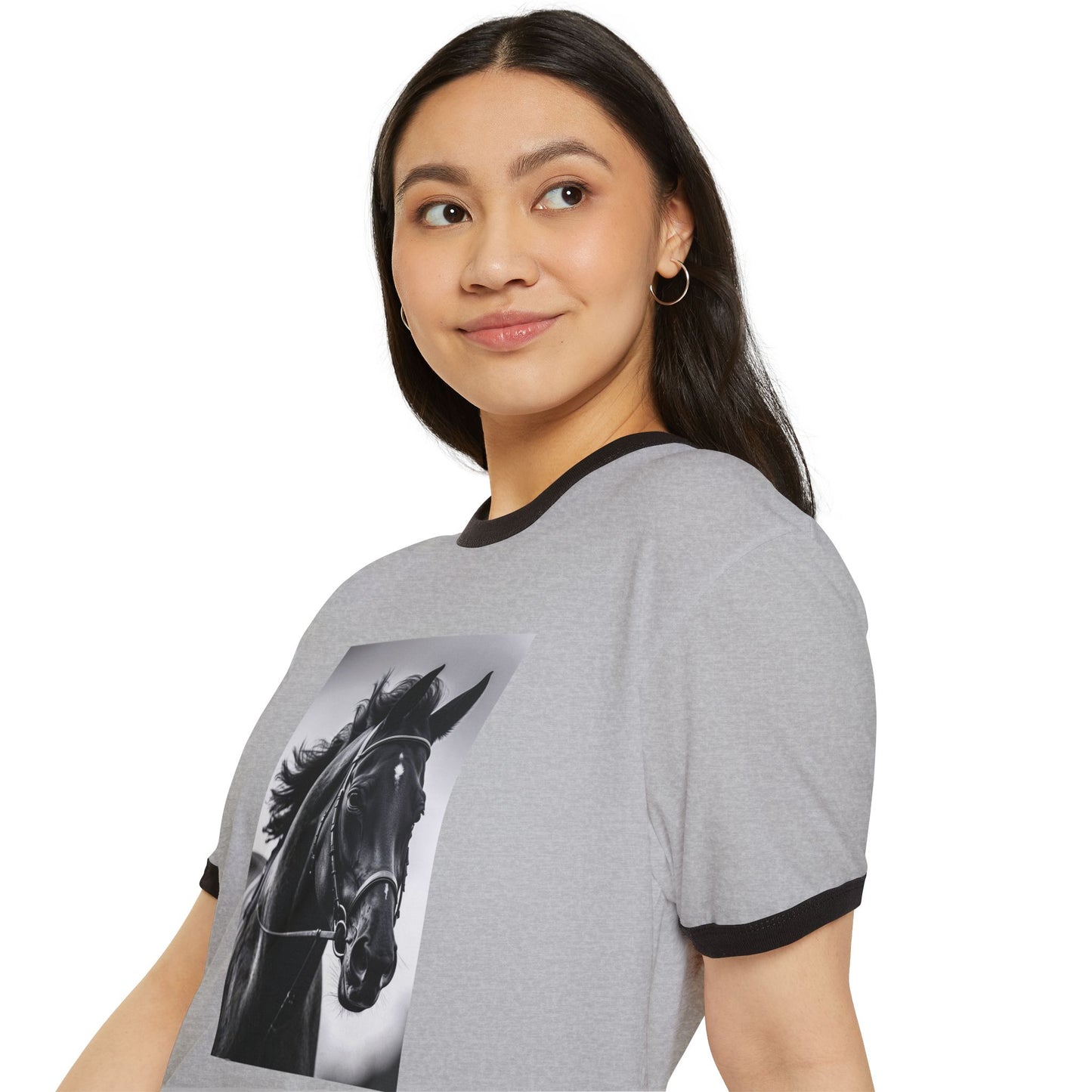 Horse Portrait Ringer T-Shirt — Black Stallion Graphic Tee for Equestrian Lovers
