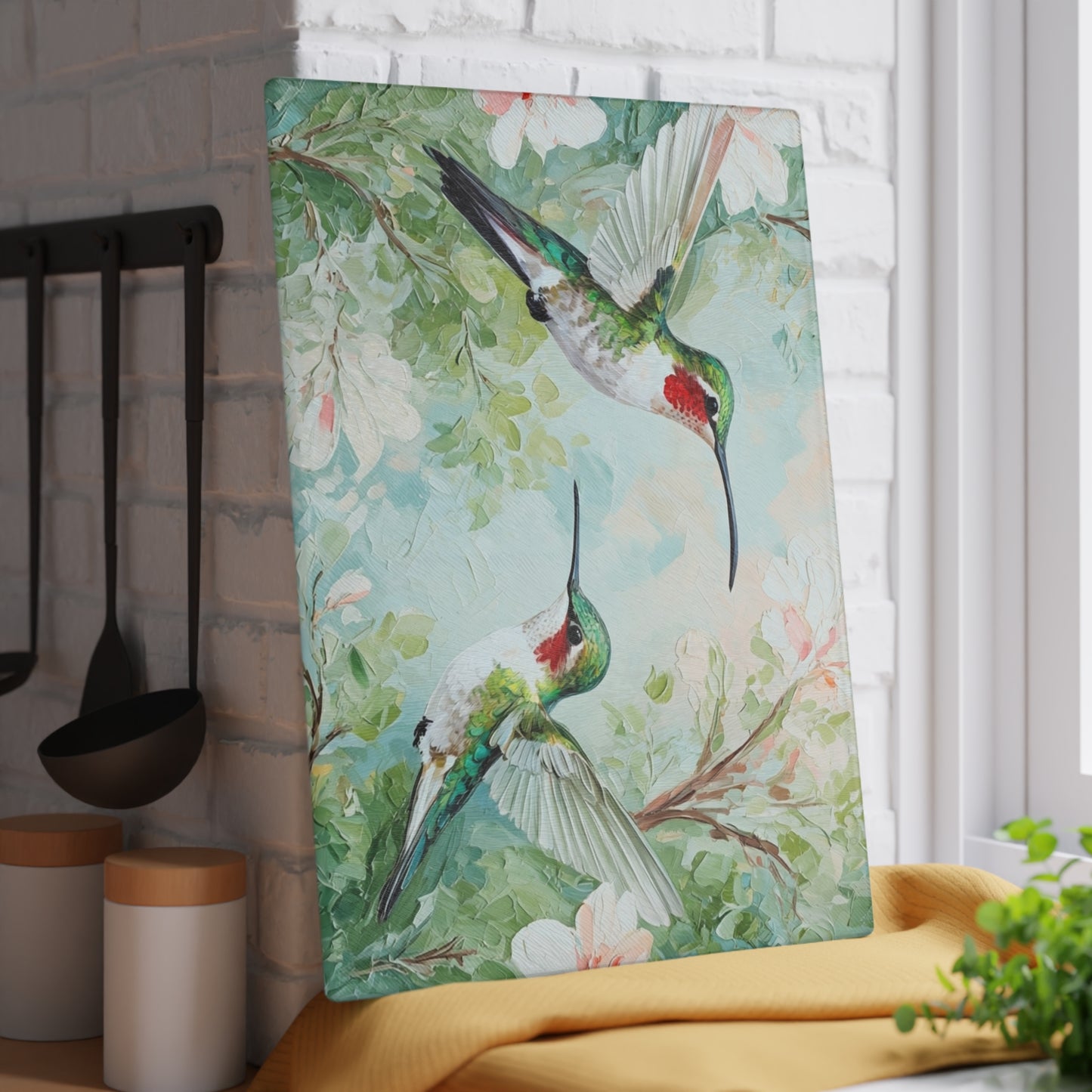 Hummingbird Glass Cutting Board – Floral Kitchen Art Serving Board