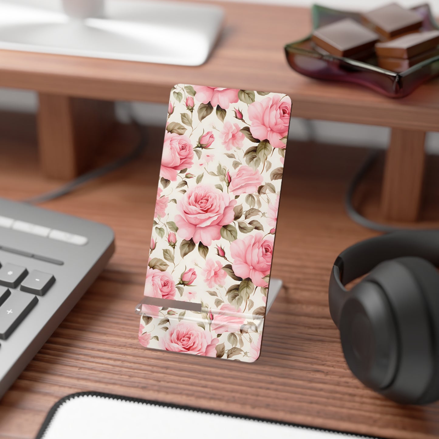 Floral Smartphone Stand, Elegant Pink Rose Display Holder for Desk, Phone Stand Gift, Home Office Decor, Mother's Day Present