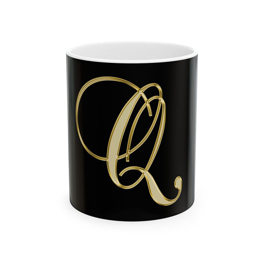 Gold Script Letter Q Mug — Elegant Monogram Ceramic Coffee Cup (11oz, 15oz)