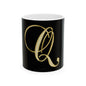 Gold Script Letter Q Mug — Elegant Monogram Ceramic Coffee Cup (11oz, 15oz)