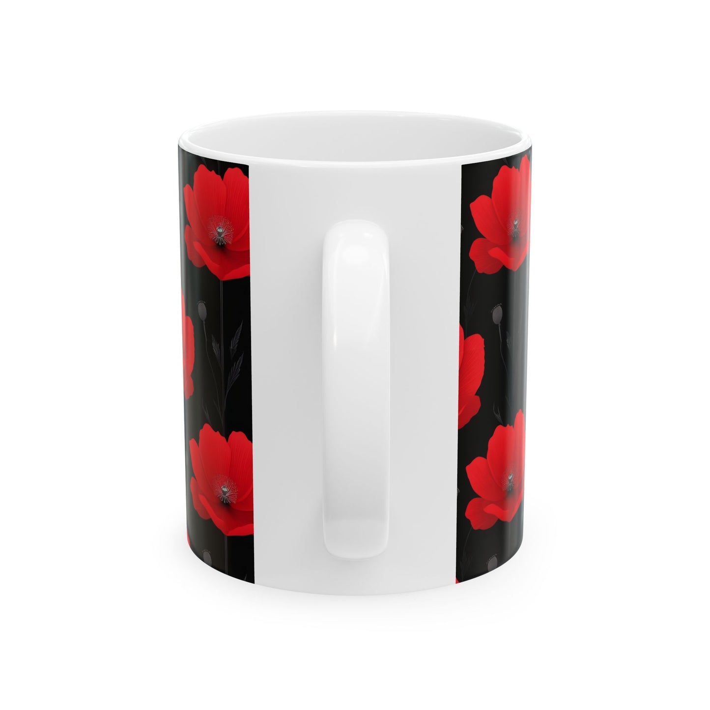 Red Poppy Floral Mug — Black Background Ceramic Coffee Cup (11oz, 15oz)