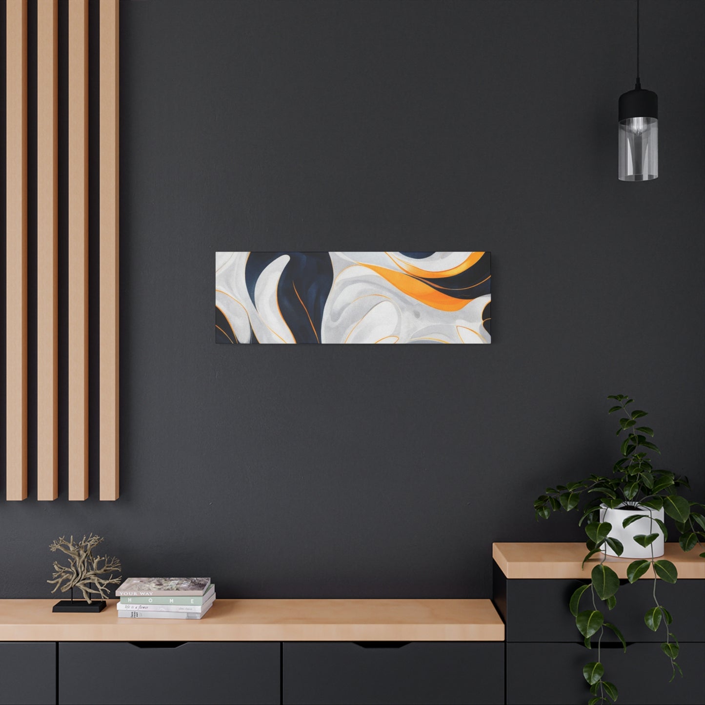 Abstract Fluid Art Matte Canvas Print — Navy, Gold & White Stretched Wall Art