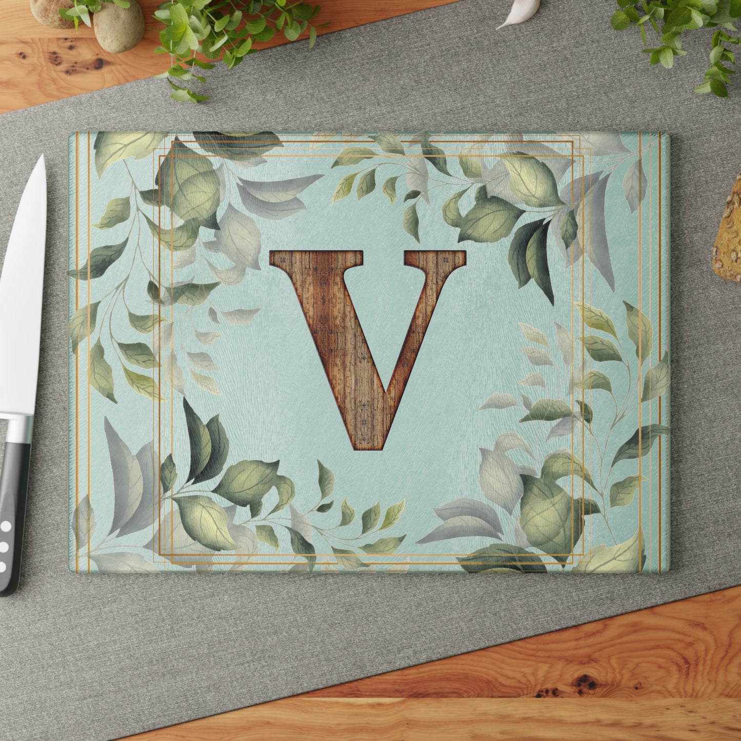 Monogram Glass Cutting Board — Rustic Wood “V” with Greenery Border