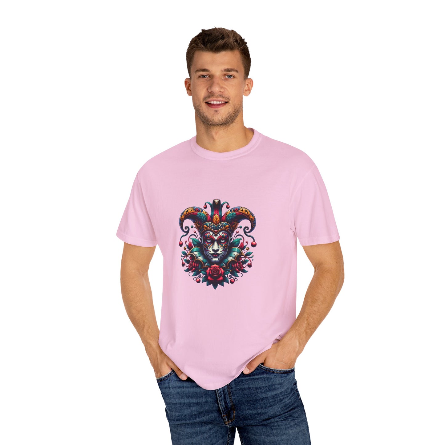 Vibrant Unisex Garment-Dyed T-shirt Featuring Colorful Jester Design, Festival Fashion