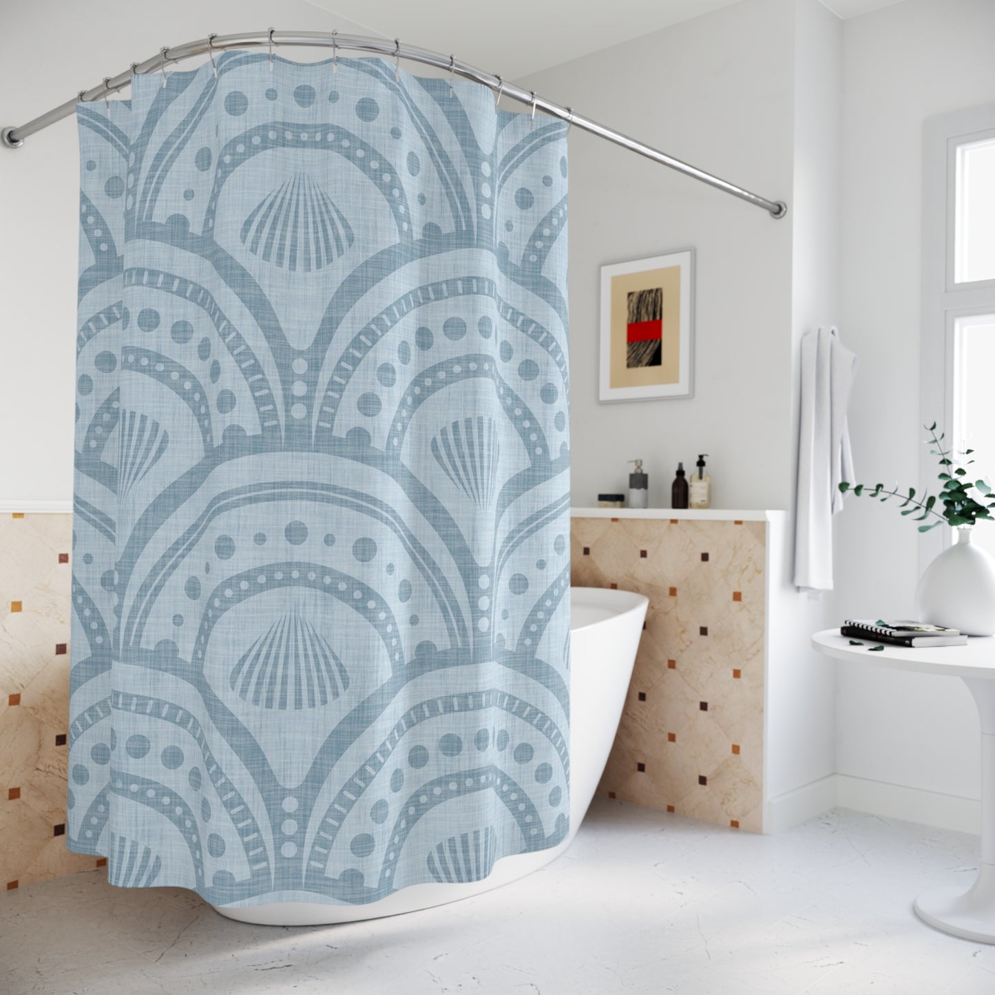 Blue Coastal Shell Shower Curtain — Nautical Seashell Pattern Bathroom Decor