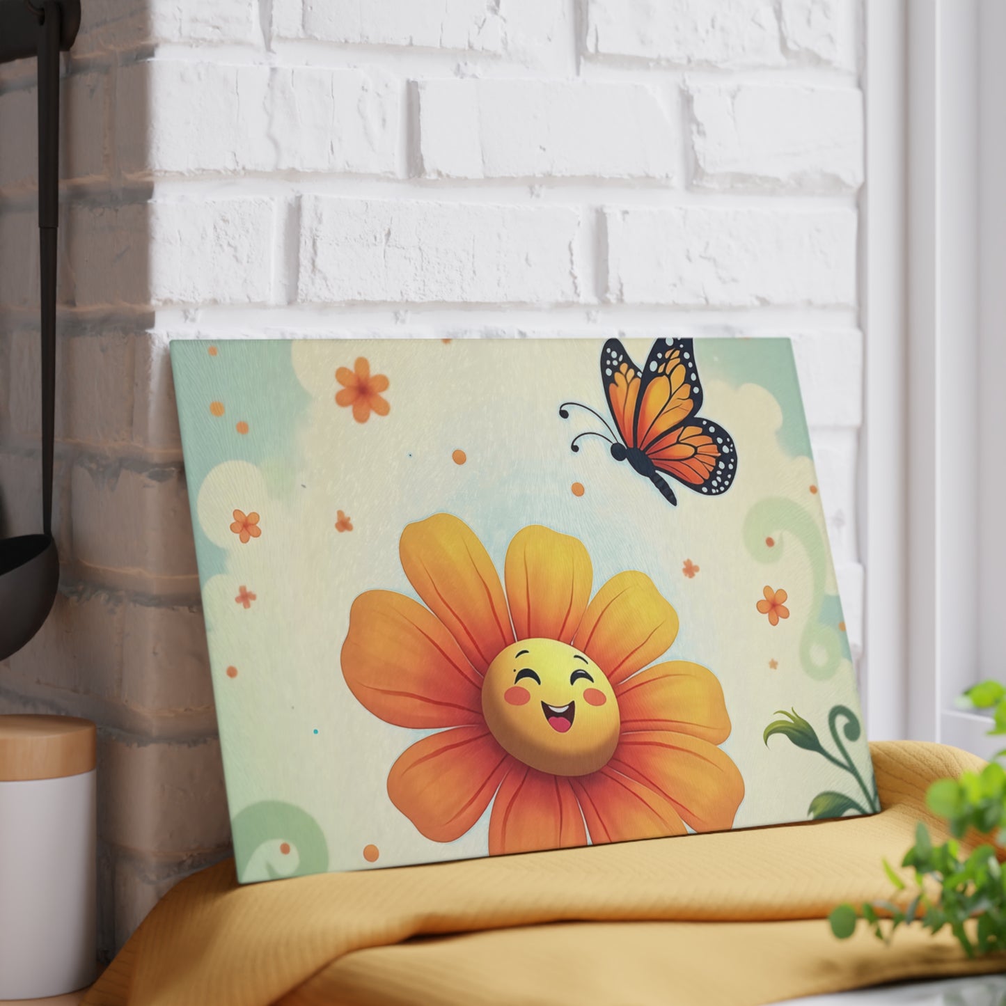 Cheerful Floral Glass Cutting Board, Kitchen Decor, Gift for Home, Cooking Accessory, Butterfly Artwork, Spring Inspired