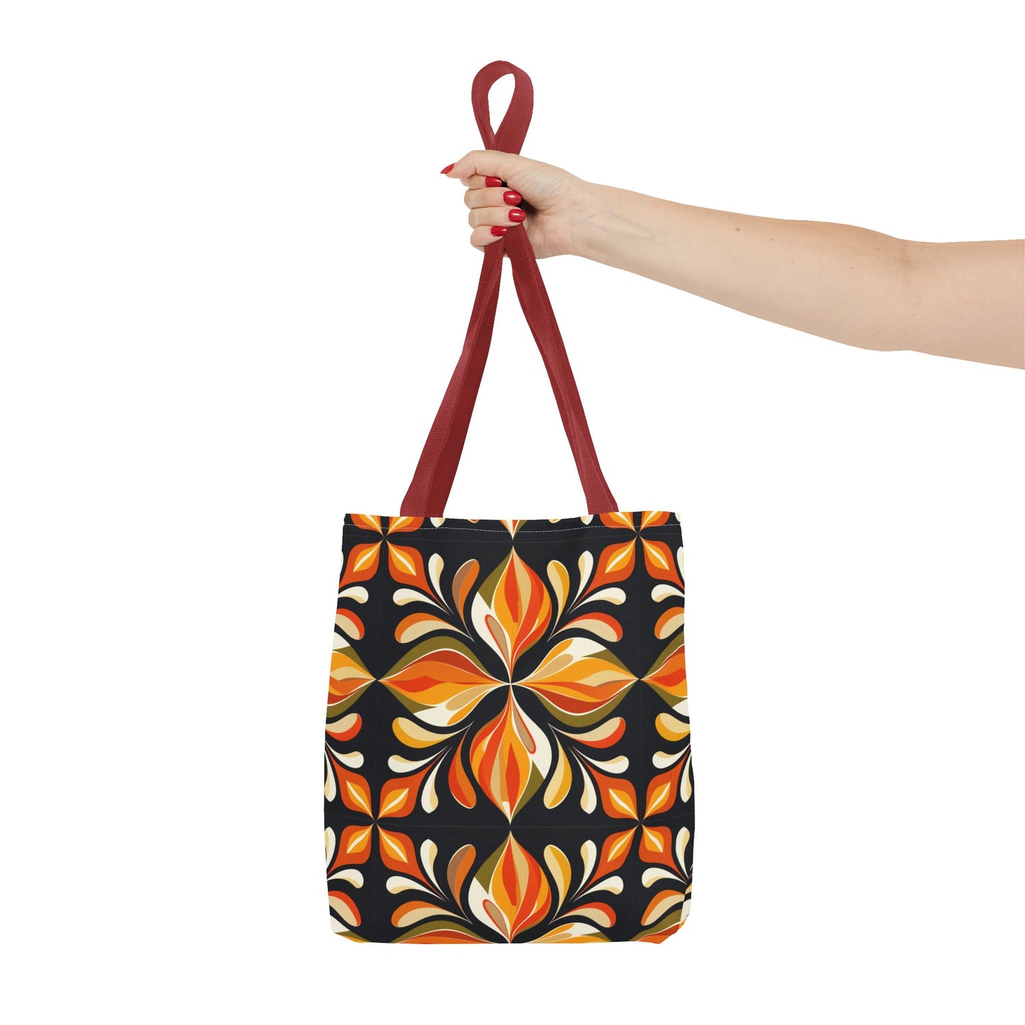 Retro Floral Tote Bag — Orange & Black Boho Pattern