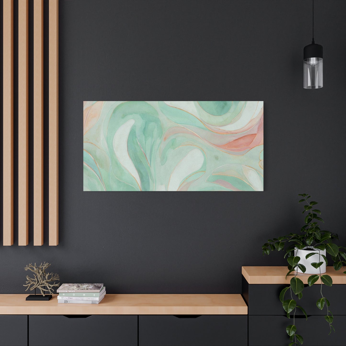 Abstract Green Marble Canvas Print — Teal & Coral Swirl Wall Art